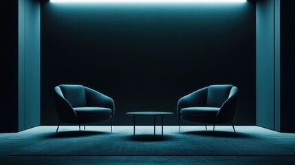 Modern teal room with armchairs, ideal for presentation