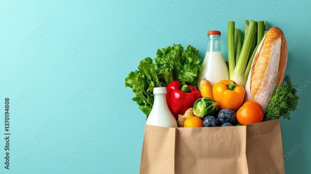 Poster fresh colorful produce and bakery items in a brown grocery bag against a bright solid background in 