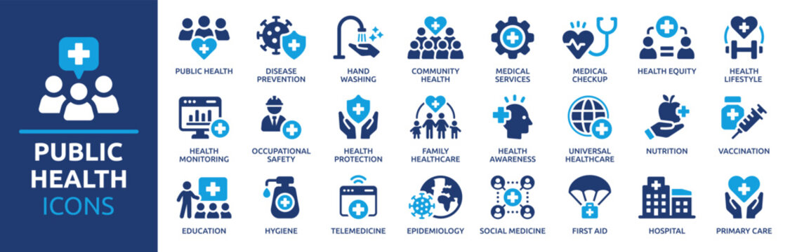 Public health icon set. Containing community health, disease prevention, health protection, medical services, health awareness, hygiene, handwashing and more. Solid vector icons collection.