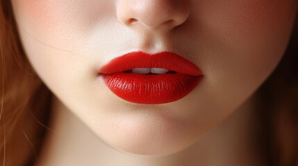 Fototapeta premium Close-Up View of a Beautiful Face with Bold Red Lips and Smooth Skin
