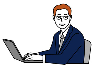 顔が正面向きの横から見たパソコンを操作する男性