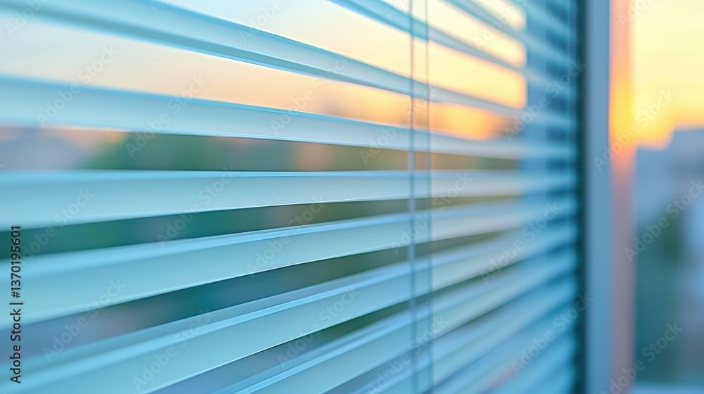 Poster a close-up view of window blinds with a soft sunset glow in the background, creating a serene and tr