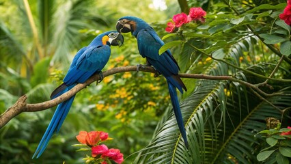 Obraz premium blue macaws tropical birds couple