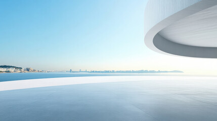 Fototapeta premium Modern architectural structure with a view of the cityscape and ocean