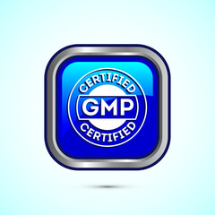 GMP certified icon design illustration. Good manufacturing practice label badge, Blue color square button design