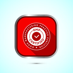 GMP certified icon design illustration. Good manufacturing practice label badge, Red color shadow button design