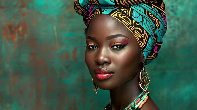 A woman wearing a colorful head wrap and intricate jewelry poses elegantly against a textured green backdrop