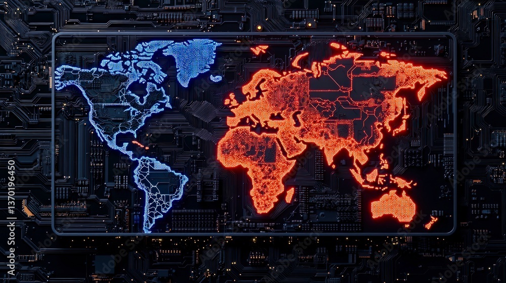 Poster global network connectivity a digital world map displayed on a circuit board