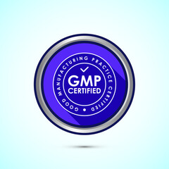 GMP certified icon design illustration. Good manufacturing practice label badge, Blue color shadow button design