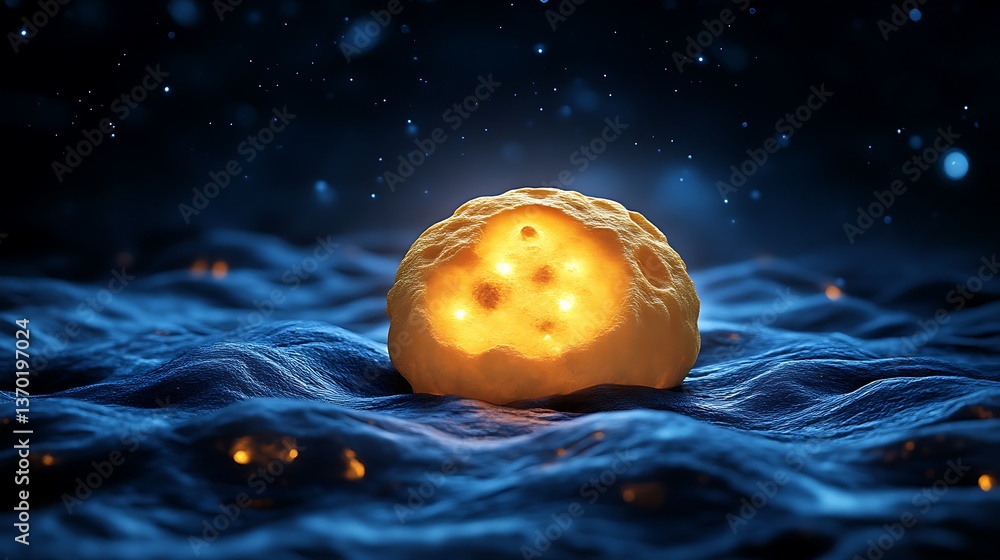 Poster glowing orb rests on a dark undulating surface
