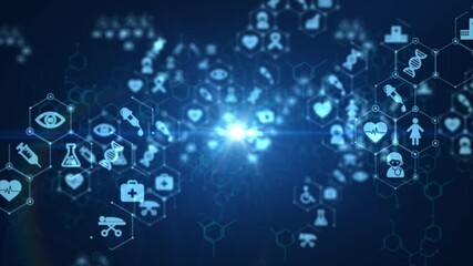 Abstract background 3D rendering video overlay template animation of a chemical bond structure and public health icon simulation. Point of view flying pass through the medical and healthcare icons - Powered by Adobe