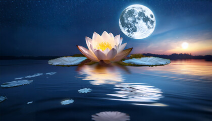 lotus flower blooming on tranquil water under moonlight for blogs websites wellness materials meditation guides nature themed designs and artistic presentations