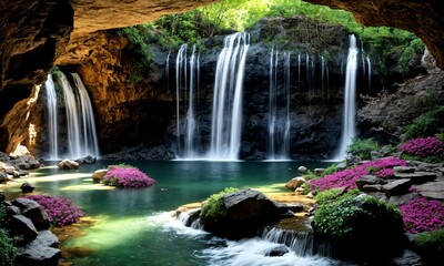 Obraz premium Scenic spring morning with a waterfall flowing into a reflective pool – Stunning sunrise over a peaceful, lush outdoor retreat