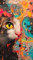 Kunst, Collage - Katze mit bunten Farben