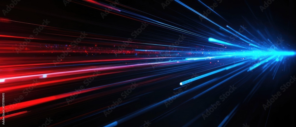 Poster dynamic streams of red and blue light converging on dark abstract background for modern futuristic d