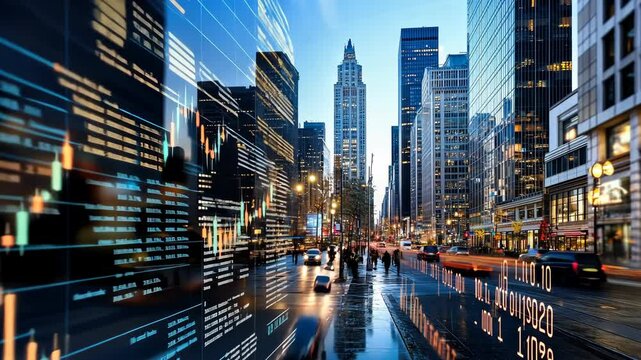 City skyline at dusk showcases financial data overlay, highlighting the intersection of urban life and technology in a vibrant metropolis