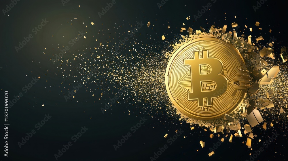 Poster gold bitcoin exploding on dark background. possible use stock photo for financial articles, cryptocu
