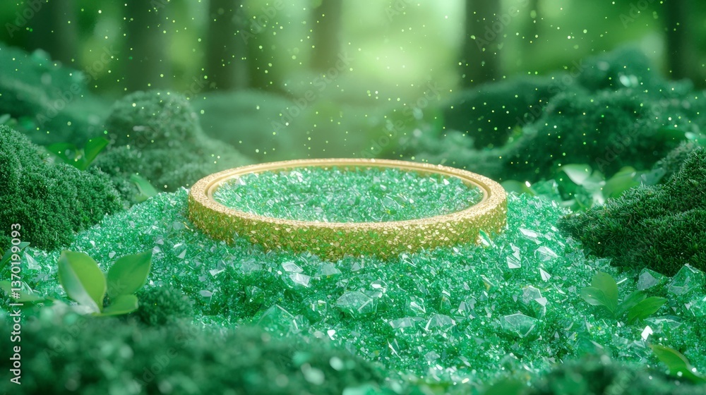 Poster golden ring display on green crystal and moss in a forest setting a magical enchanting scene perfect
