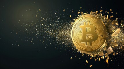 Gold Bitcoin Exploding on Dark Background. Possible Use Stock photo for financial articles, cryptocurrency news, or digital asset graphics