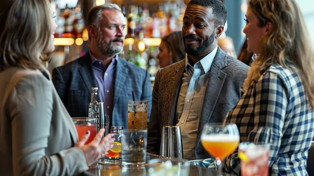 Group enjoying conversation over drinks at a lively bar in the evening with warm ambiance and a selection of cocktails