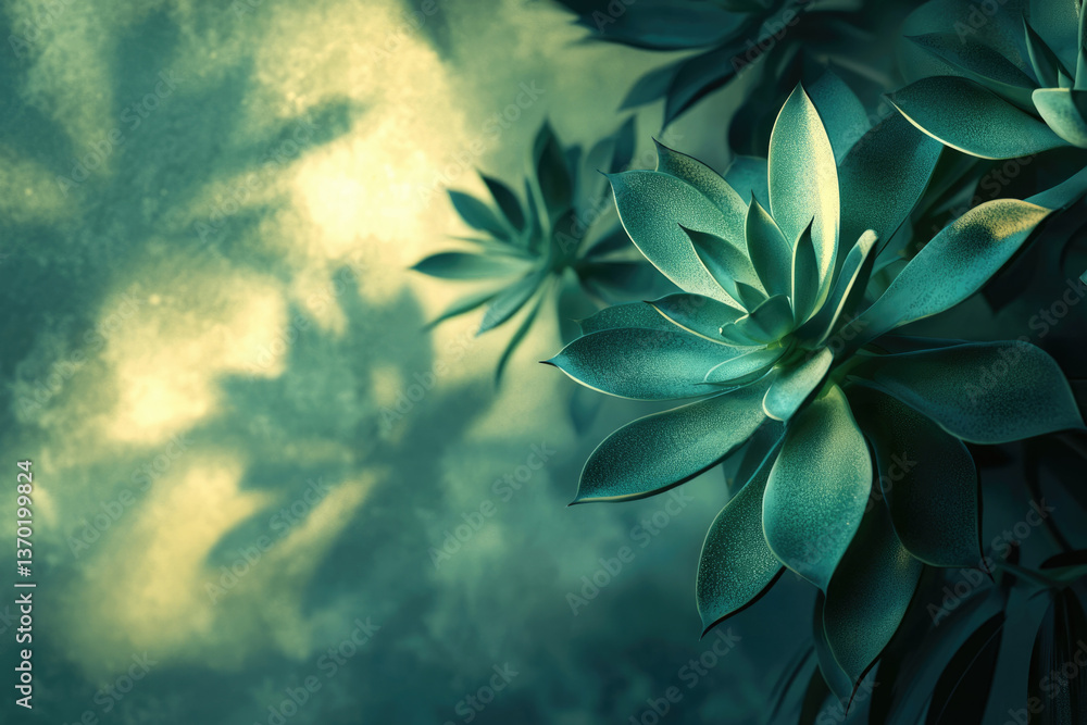 Poster close-up of succulent plants with textured leaves, bathed in soft light, creating a serene and minim