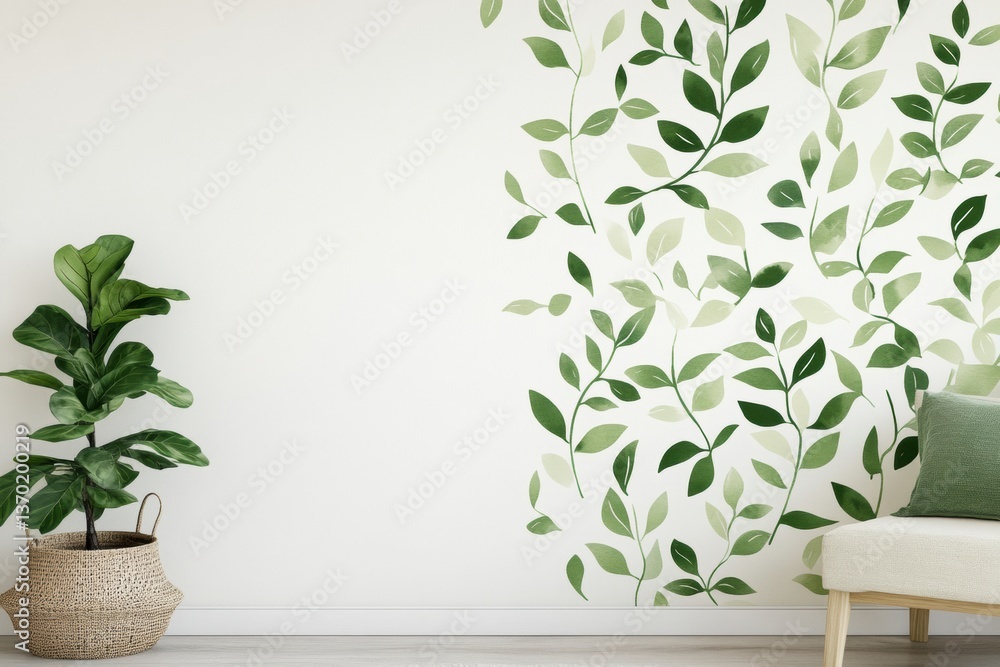 Poster Elegant botanical pattern with soft green leaves creating a serene atmosphere in a minimalist interior design