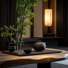 Elegant tea set on a rustic wooden table in a minimalist setting.