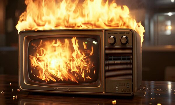 A vintage television ablaze, flames engulfing its screen, resting on a wooden surface, creating a chaotic and dramatic scene