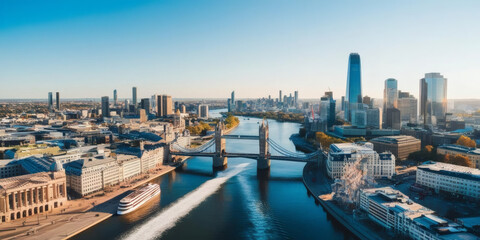 Wide panoramic view of a city with a central river and an iconic bridge structure.