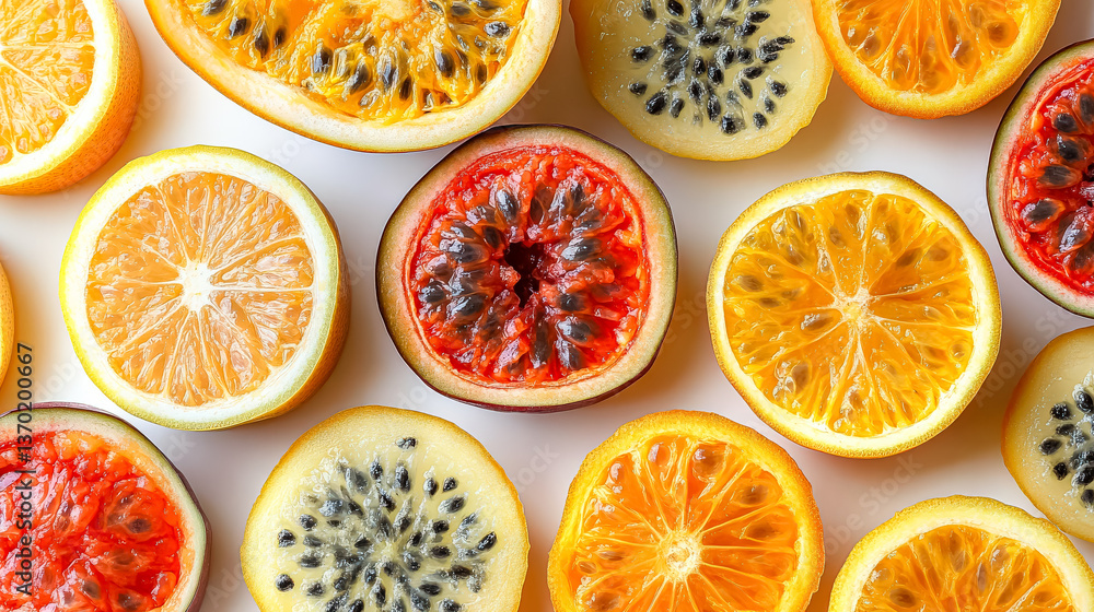 Poster close up of several different types of fruit, including oranges and kiwi. the oranges are sliced ope