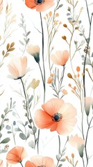 Naklejka premium Beautiful seamless floral water color pattern Set, watercolor wild flowers, leaves and grass,Collection botanic garden elements, isolated illustration in rustic or vintage style,copy space.