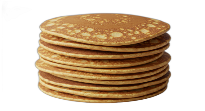 A tall stack of tempting pancakes isolated on a clean white backdrop