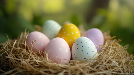 Obraz premium Happy Easter day with Colorful Easter eggs,Spring holiday,Happy easter eggs,festive clip art,Happy Easter greeting card, poster, banner template,april festive concept.