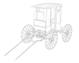 A black and white drawing of a wagon with a horse pulling it. The wagon is old and has a wooden frame
