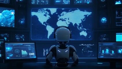 A futuristic robot is sitting in front of an interactive digital display showing global data and maps, symbolizing the integration of AI technology into real-time business analytics