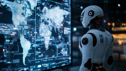 A futuristic robot stands in front of digital screens displaying maps and data, symbolizing the integration of AI technology into the global landscape