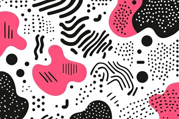 An abstract graphic illustration with various black shapes and pink blobs