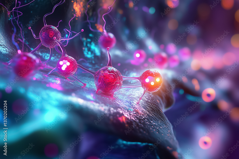 Poster colorful microscopic view of glowing cells interacting with each other. intricate structures with vi