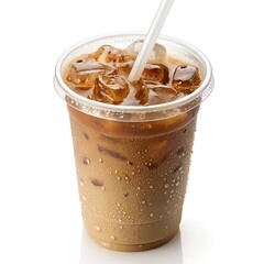 Iced Coffee or Latte in a Disposable To-Go Cup &ndash; Isolated on White Background with Clipping Path (Front View)