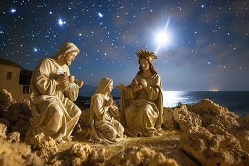 Tranquil Nativity Scene Featuring the Holy Family under a Starlit Sky - Ideal for Christmas Cards with Room for Text.