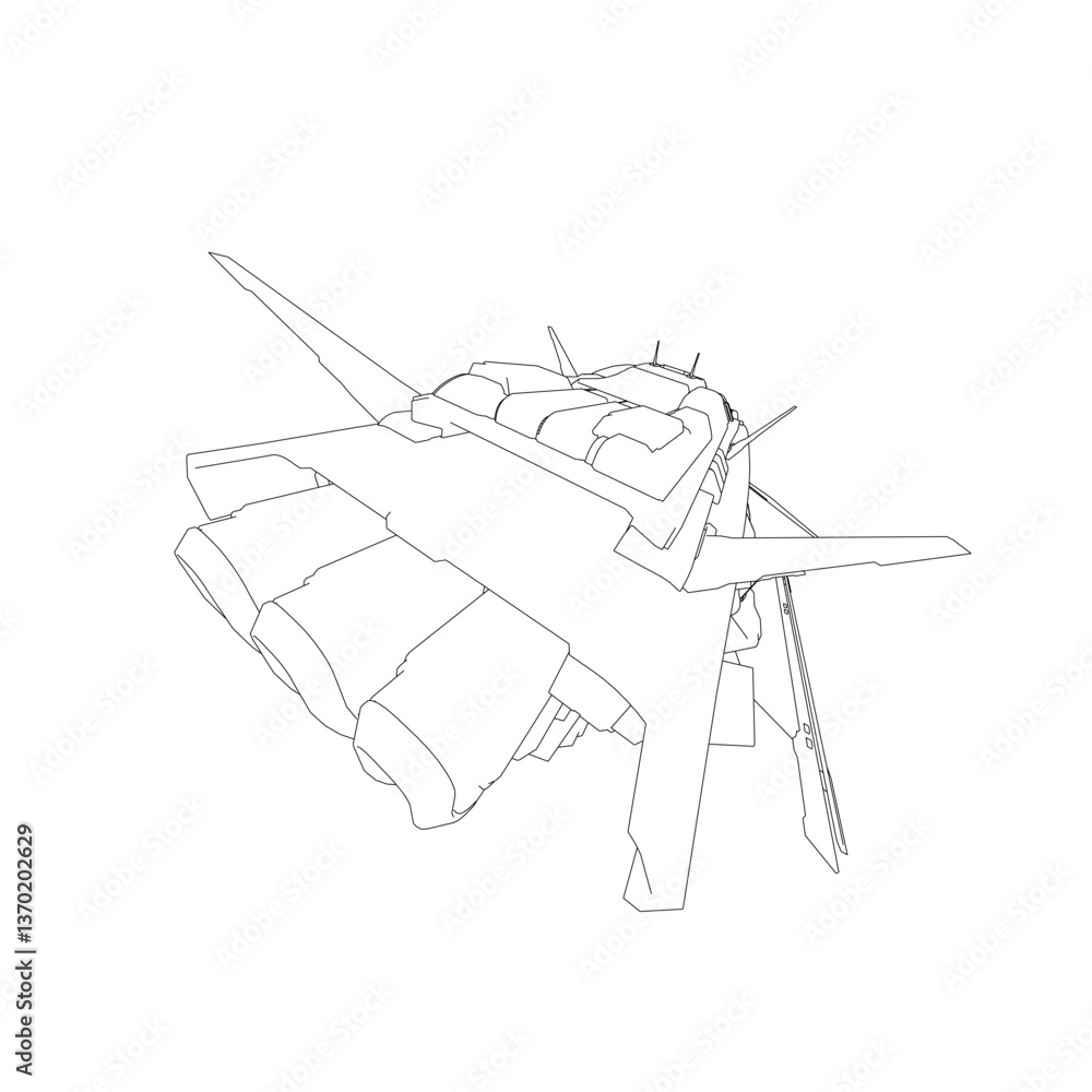 Poster the image is a black and white drawing of a futuristic space ship with a large wing and a small wing