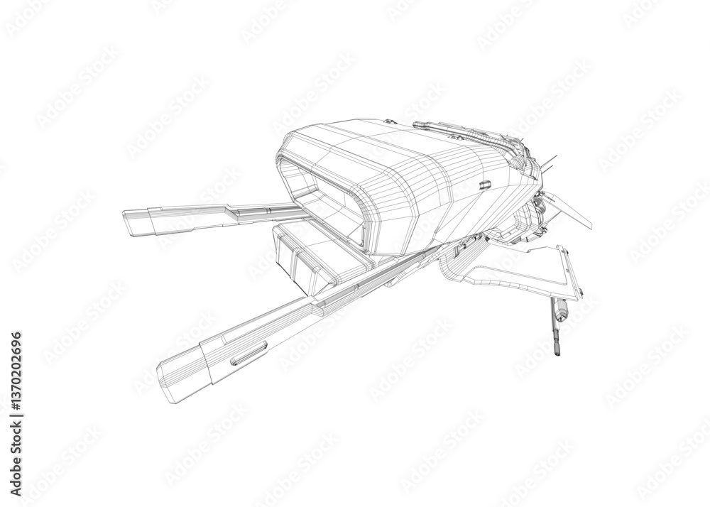 Poster the image is a black and white drawing of a futuristic space ship with a large wing and a small wing