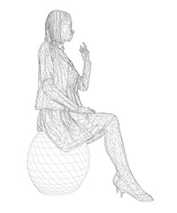 A woman is sitting on a round object. She is wearing a jacket and a skirt. The image is in black and white