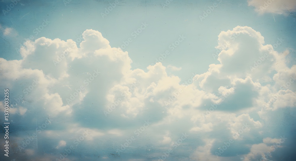 Poster ai image presents a vintage-style sky with fluffy white clouds against a soft blue backdrop, creatin