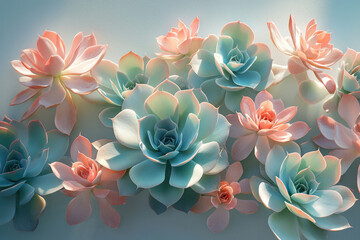 A vibrant collection of succulents in pastel pink and teal hues, showcasing their intricate details under soft sunlight.
