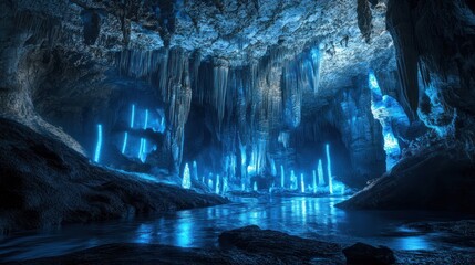 Enchanting subterranean cavern illuminated by ethereal blue light.  Vast cave interior, adorned with stunning stalactites and stalagmites reflecting on a calm pool of water. 