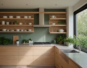 Modern minimalist kitchen with sleek cabinetry, marble countertops, and stainless steel appliances, featuring natural light streaming through large windows, showcasing open shelving with stylish decor