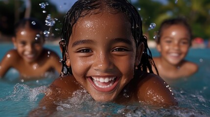 Three girls joyfully swimming in a tropical pool