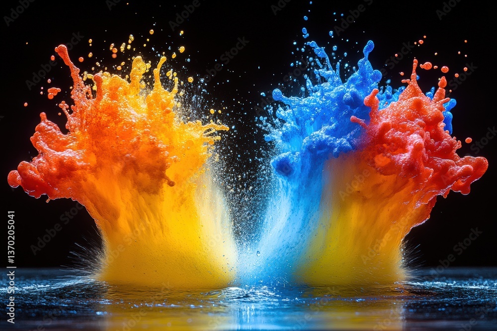 Poster vibrant abstract image of colliding orange and blue paint explosions, creating a dynamic and colorfu