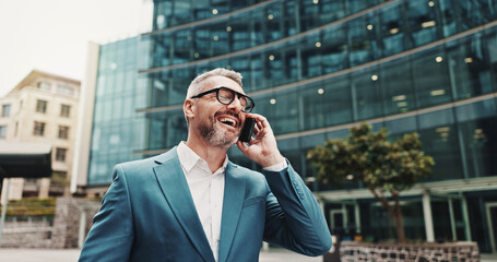 City, phone call and business man laugh for funny conversation, joke and talking on commute....